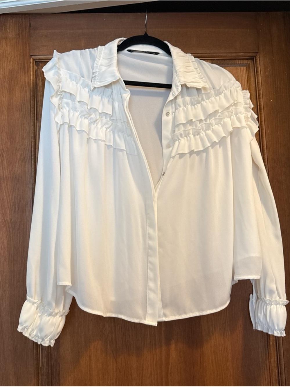 Zara White Ruffle Panel Button-Down Blouse